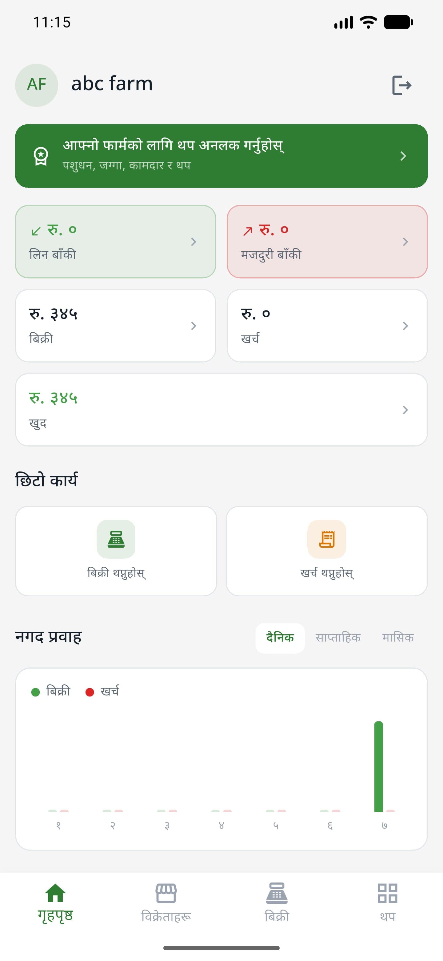 iFarm dashboard showing sales, expenses, receivables and cash flow